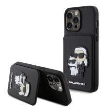 LICENSED KARL LAGERFELD Maska za iPhone 15 Pro Max SAFFIANO CARDSLOTS AND STAND K&C PATCH, crna
