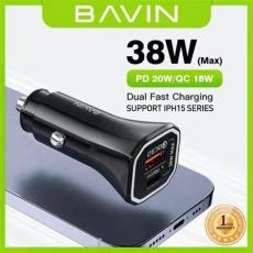 BAVIN Auto punjač max 38W PD20W+ QC3.0 USB-A + USB-C, crna