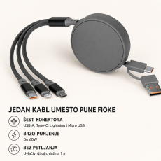 USB kabl ONES 6u1 - Type-C/USB na Type-C, Lightning i Micro USB, 60W, uvlačivi, sivi