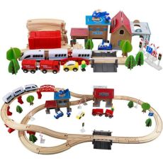 Dečiji drveni voz KINDER HOME, 88 delova, lokomotiva sa baterijom, 3+