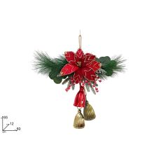 Novogodišnji ukras sa 3 zvončića i crvenim baršunastim cvetom